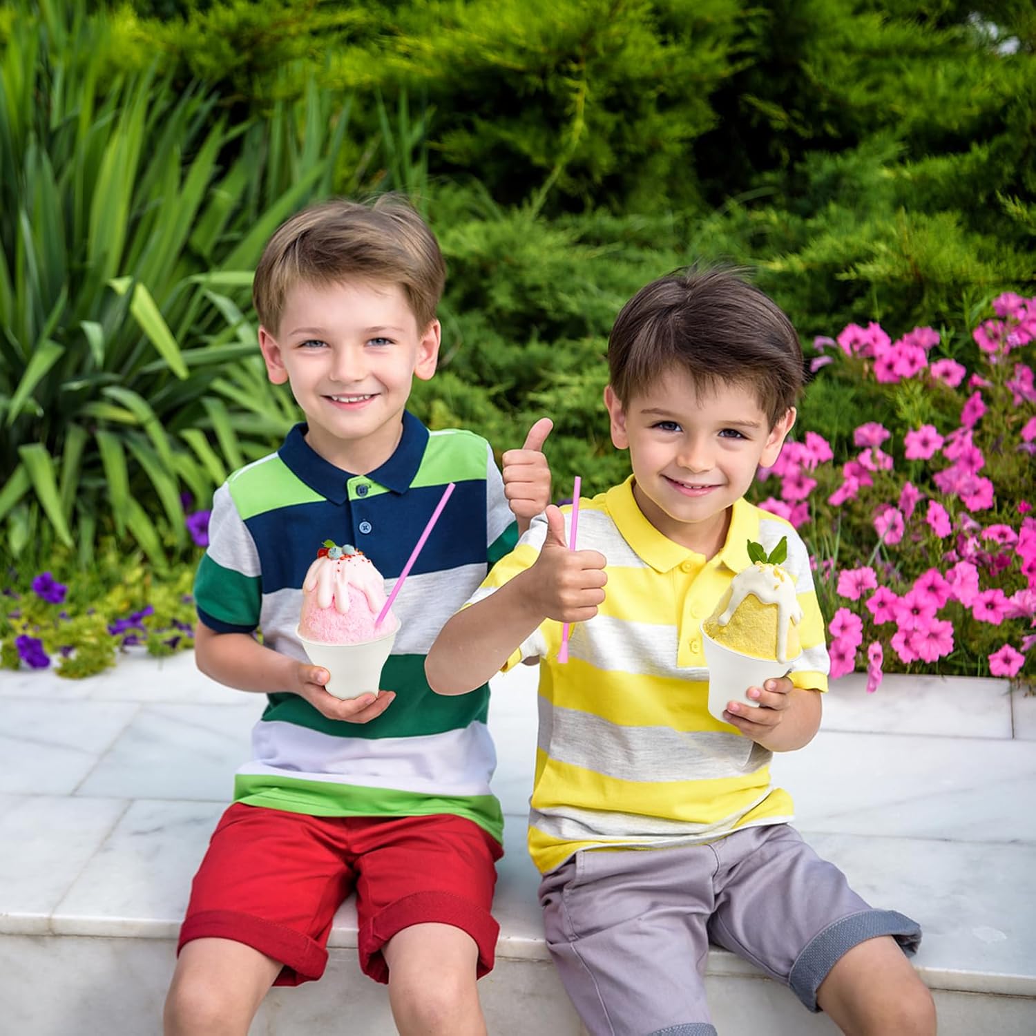 100 Pack Snow Cone Cups and Straws, 12 OZ Paper Cup with Colorful Spoon Straw, Leak-proof Shaved Ice Holder, Disposable Cream Bowls for Party Event Water Cooler - Image 7