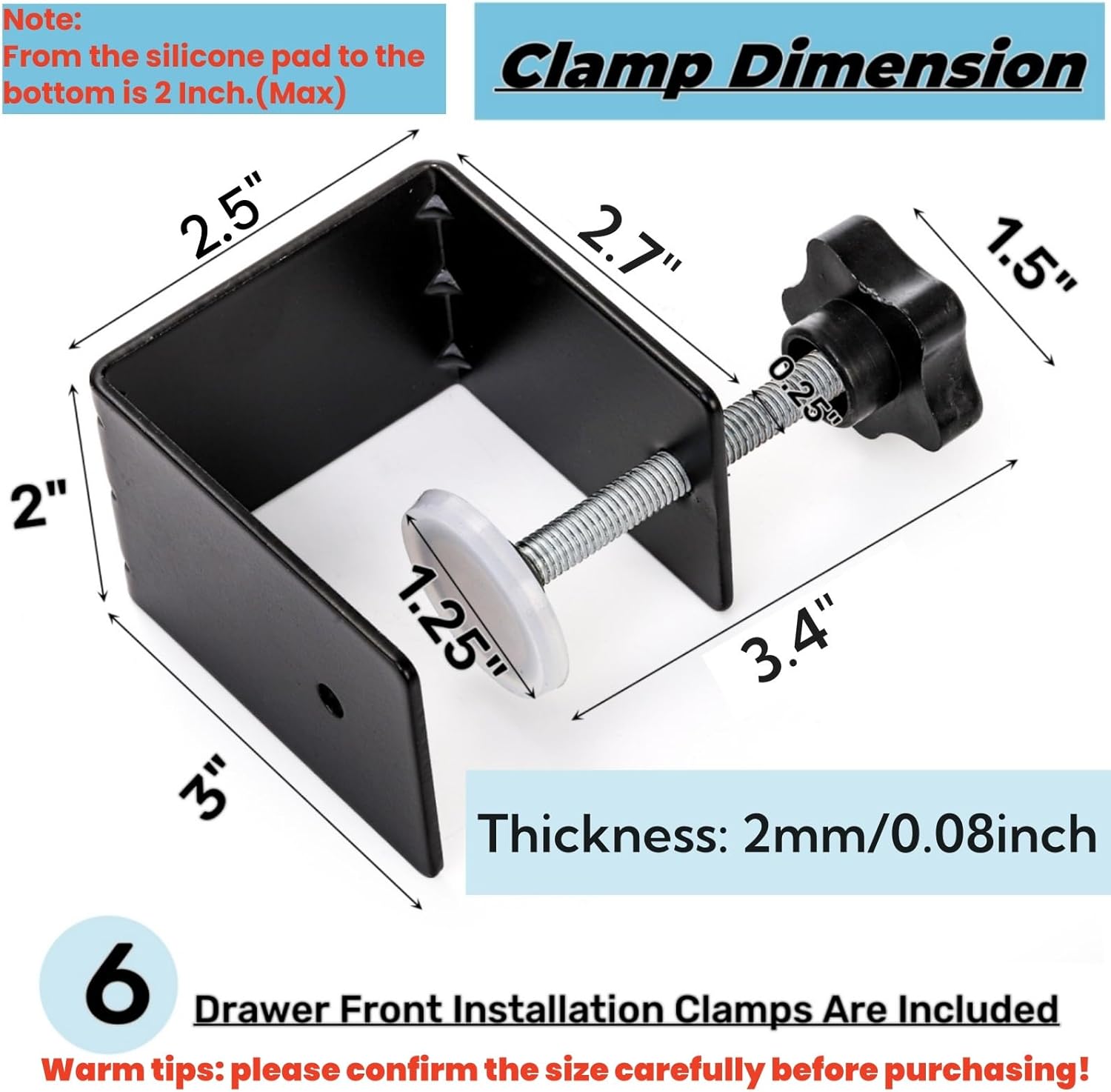 6 Pack C Clamps, 2 Inch Drawer Front Installation Clamp, Heavy Duty Cold Rolled Steel Desk Fixing Clip for Cabinet Mounting, Woodworking, Welding, and Building - Image 2