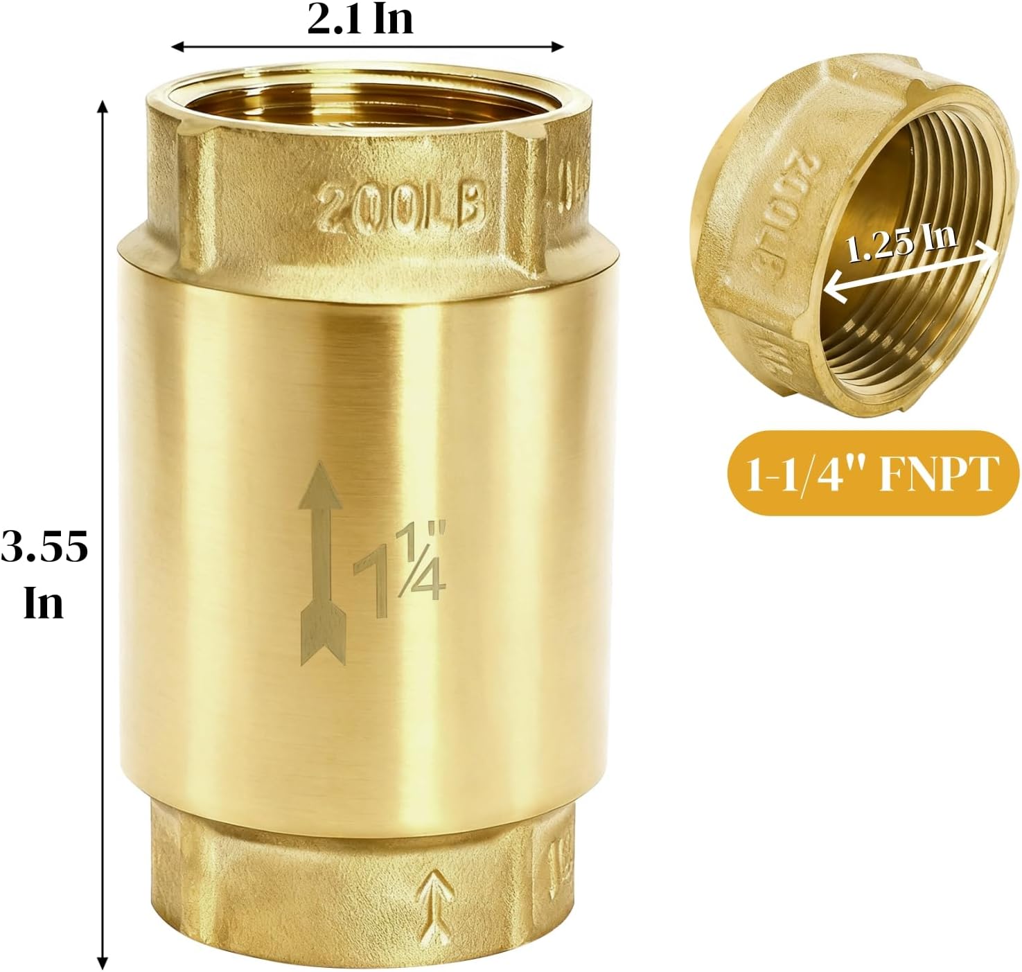 1-1/4 Inch Brass Check Valve, Universal One Way In Line Valves with Backflow Prevention, No Return Female Pipe Thread for Garden Hose Well Pumps Irrigation Systems, 1.25'' FNPT - Image 2