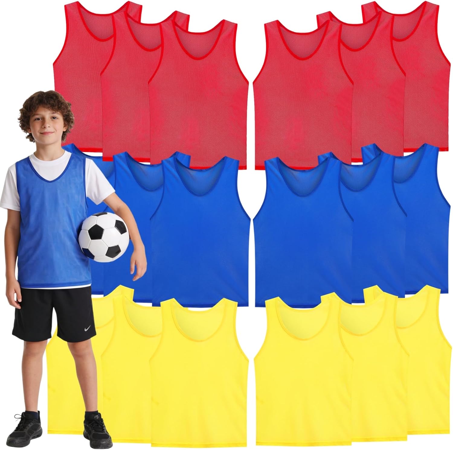 18 Packs Youth Team Pinnies, Kids Scrimmage Training Vest, Pennies, Jerseys Mesh Practice Vests for Basketball, Soccer, Football, Volleyball, 3 Colors - Image 1
