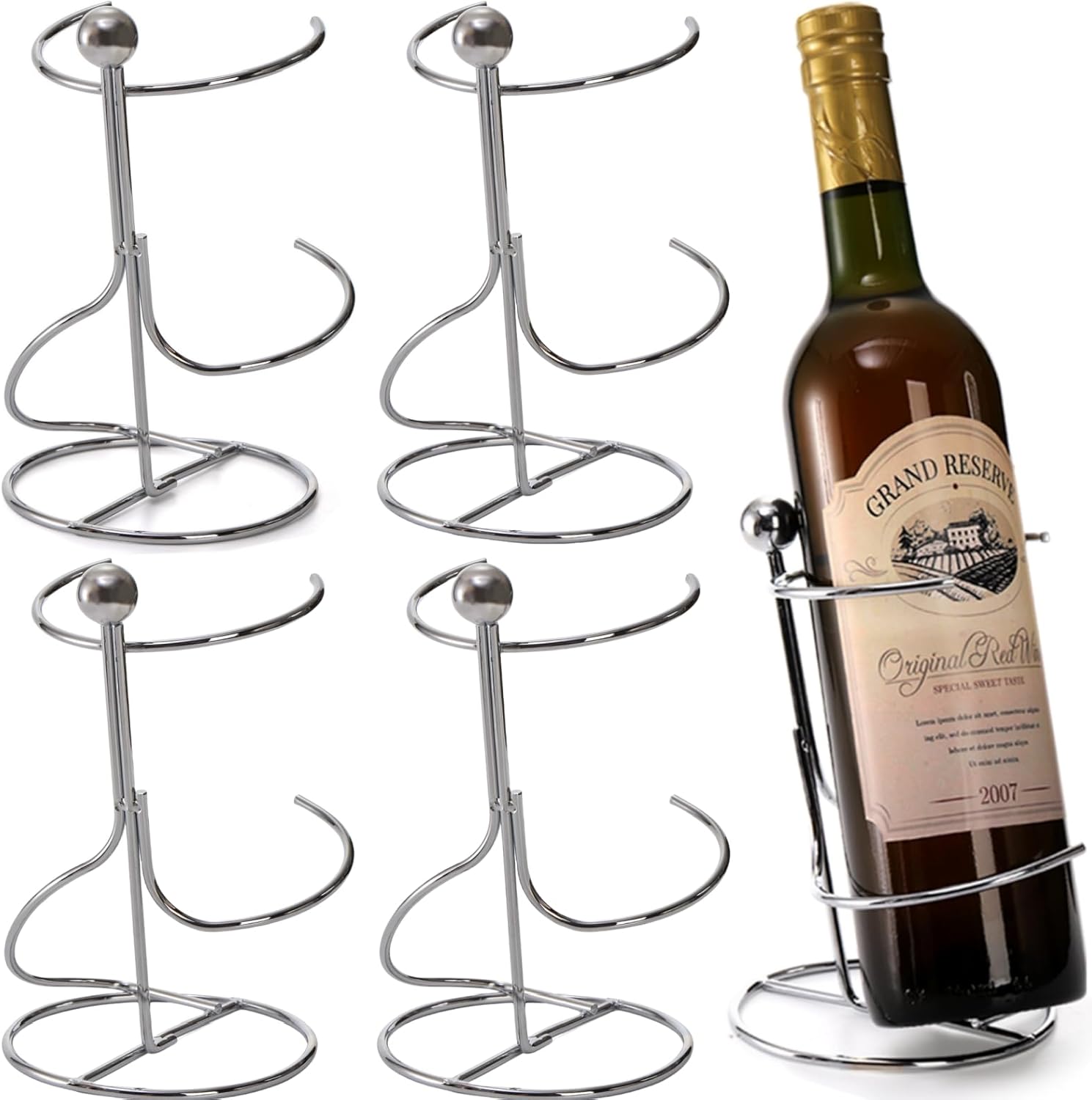 4 Packs Single Wine Rack Countertop, Silver Metal Small Holder, Floating Bottle Holder for Storage, Cabinet, Pantry, Unique Tabletop as Gifts Lovers - Image 1