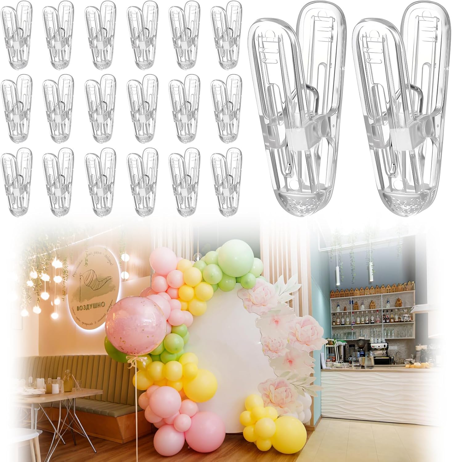 Plastic clips - pack of 20 - Balloon arch clips - Plastic spring clips - 2.4 inches - Sturdy clips - For balloon arch sets - Birthday decorations - Crafting - Backdrops - Clear - Image 1