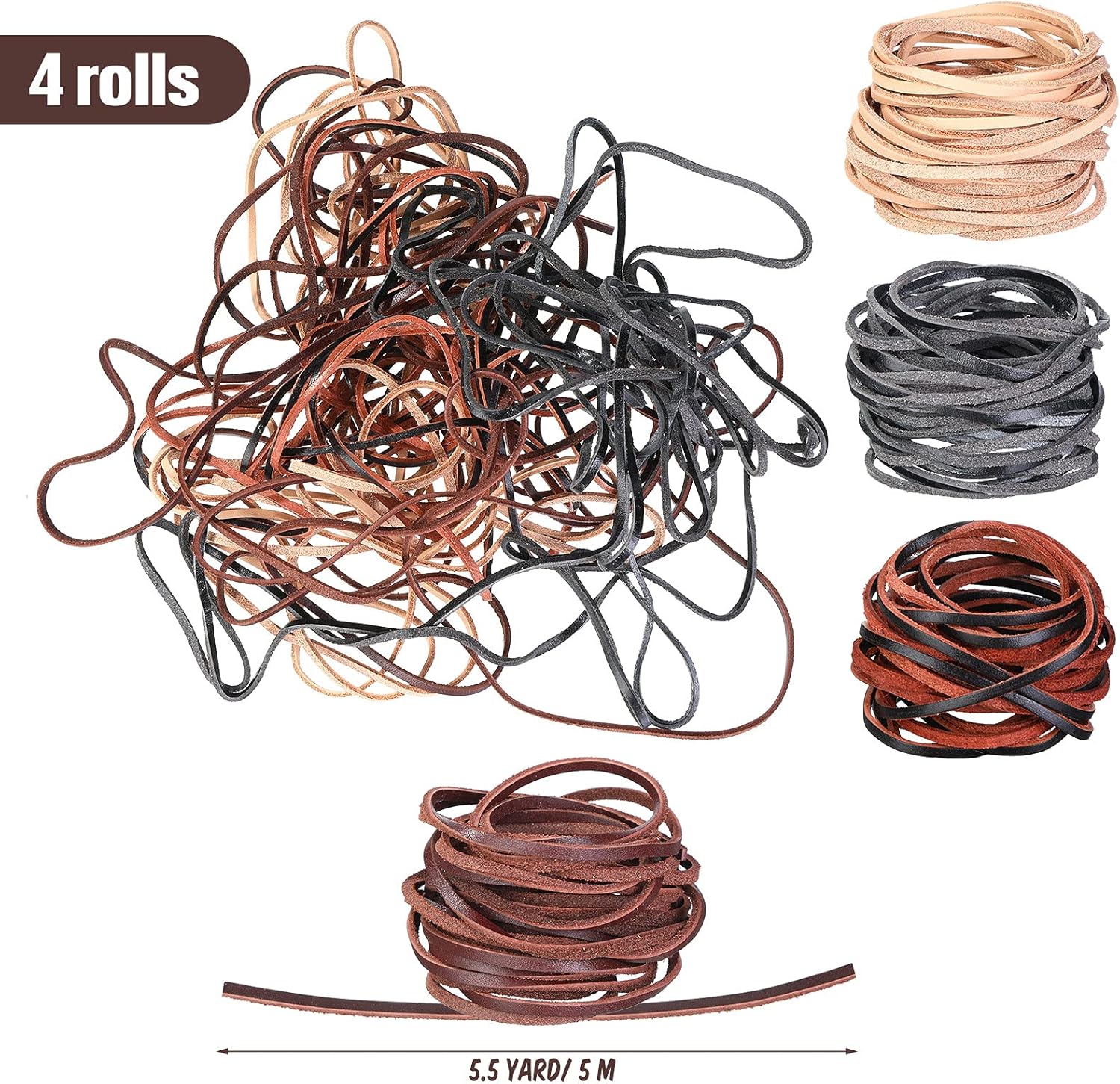 Cowhide rope - 4 rolls - 3mm - 5 meters - Real leather rope - Natural edge strip - Braided rope - Leather strip - DIY jewelry accessories - Braided bracelet - Handbag - 4 colours - Image 2