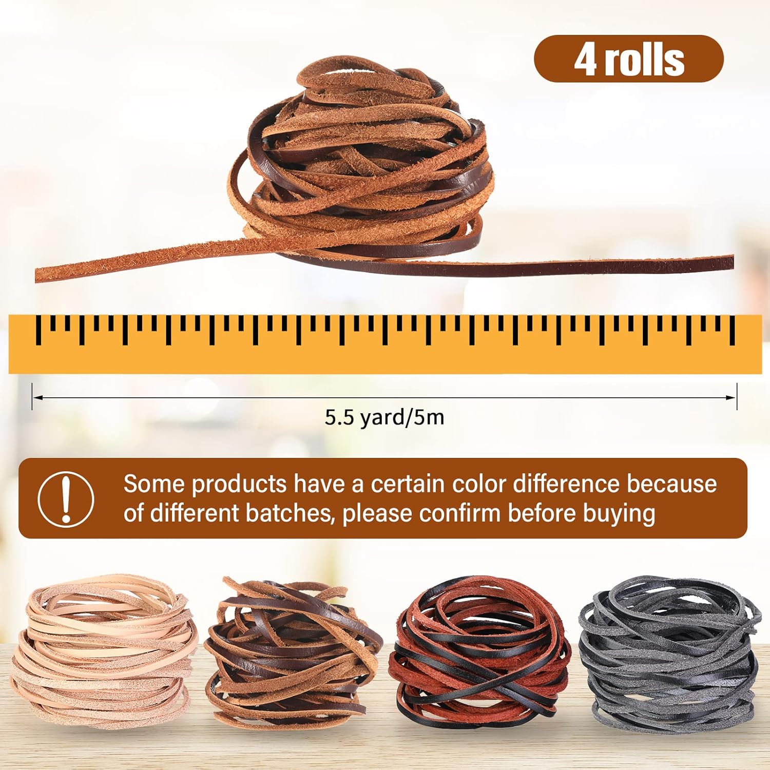 Cowhide rope - 4 rolls - 3mm - 5 meters - Real leather rope - Natural edge strip - Braided rope - Leather strip - DIY jewelry accessories - Braided bracelet - Handbag - 4 colours - Image 3
