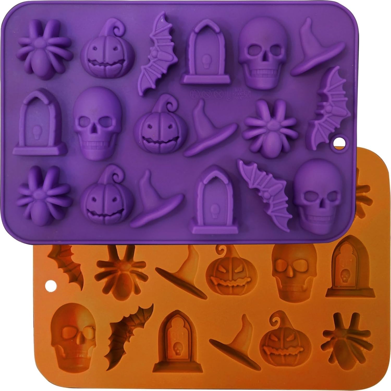 Halloween Molds - Silicone Molds - Chocolate Molds - 2-Pack - 3D Halloween Chocolate - Candy - Gummy Molds - Skull - Pumpkin - Bat - Ghost - Witch Hat - Spider - Tombstone - Shape Molds - Image 1