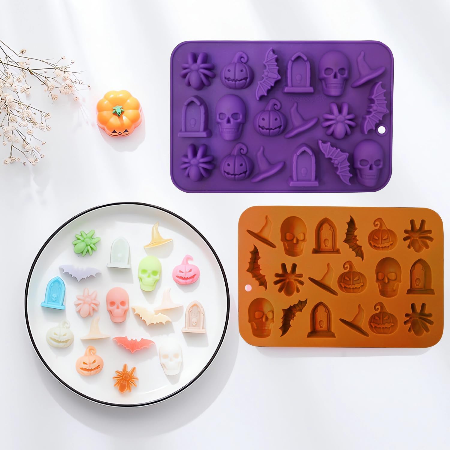 Halloween Molds - Silicone Molds - Chocolate Molds - 2-Pack - 3D Halloween Chocolate - Candy - Gummy Molds - Skull - Pumpkin - Bat - Ghost - Witch Hat - Spider - Tombstone - Shape Molds - Image 3