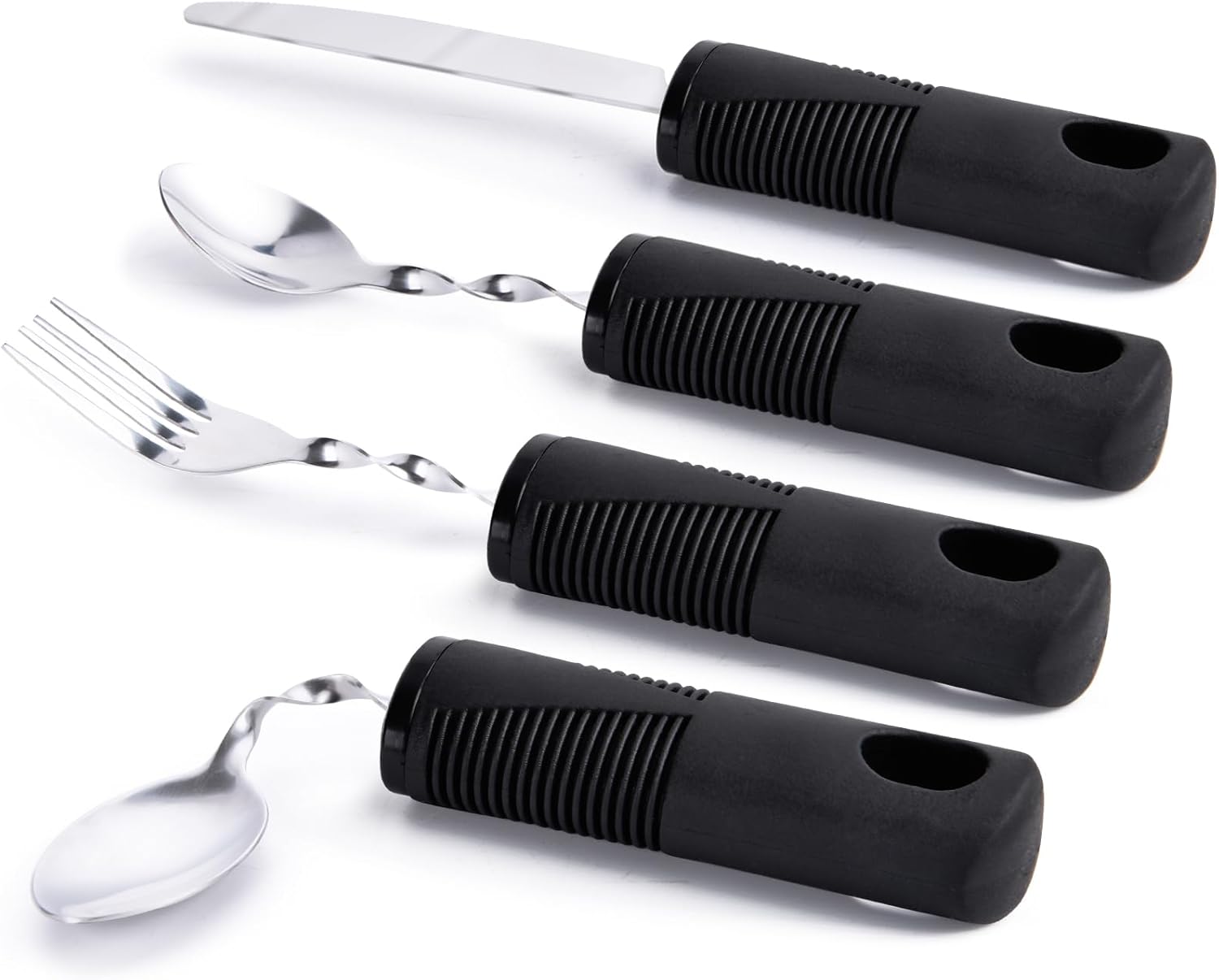 Foldable cutlery - Four-piece cutlery set - Weighted cutlery for hand tremors - Weighted silverware for Parkinson's disease patients - Arthritic hands - Stackable cutlery for adults - Adjustable cutlery - Black flexible cutlery - Image 1