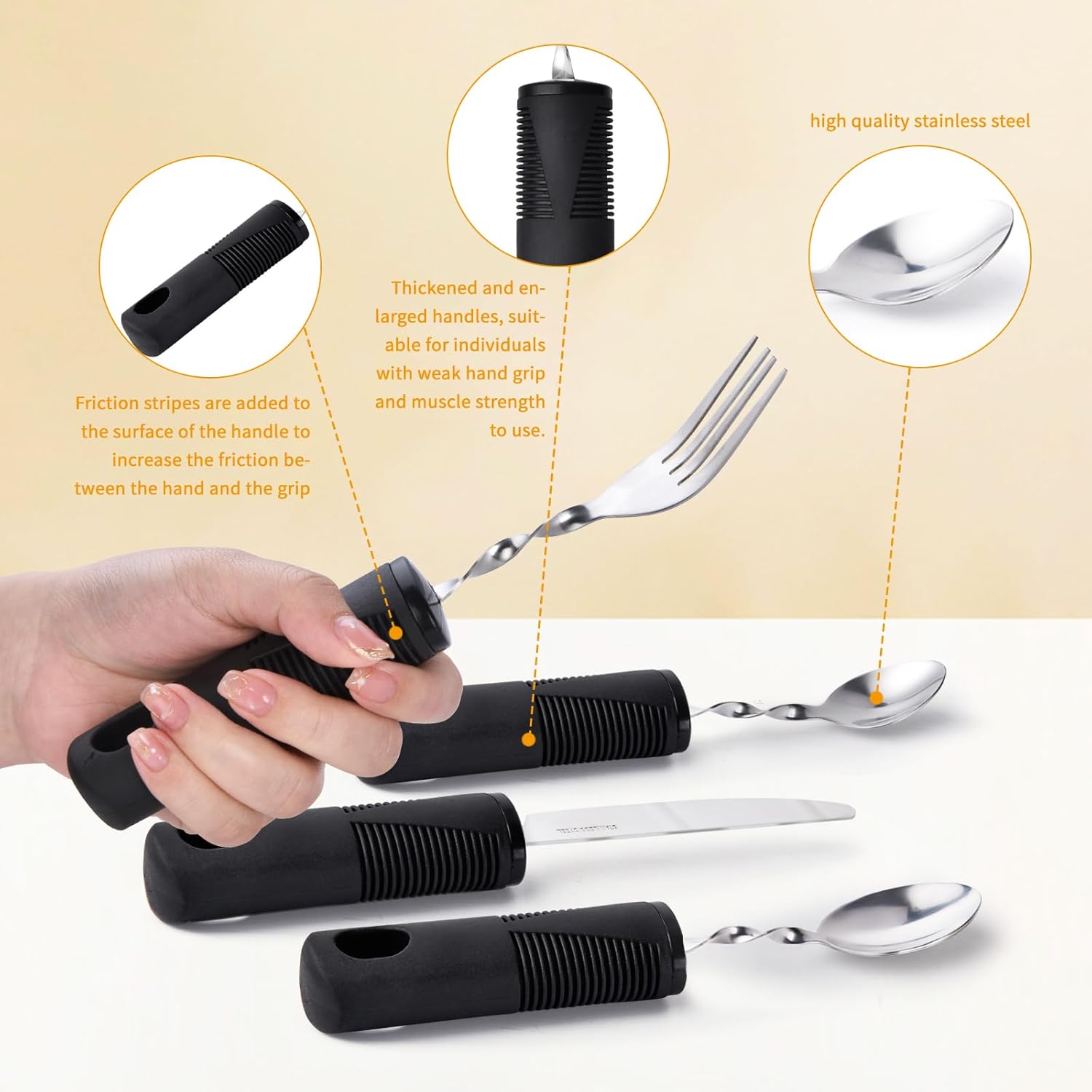 Foldable cutlery - Four-piece cutlery set - Weighted cutlery for hand tremors - Weighted silverware for Parkinson's disease patients - Arthritic hands - Stackable cutlery for adults - Adjustable cutlery - Black flexible cutlery - Image 4