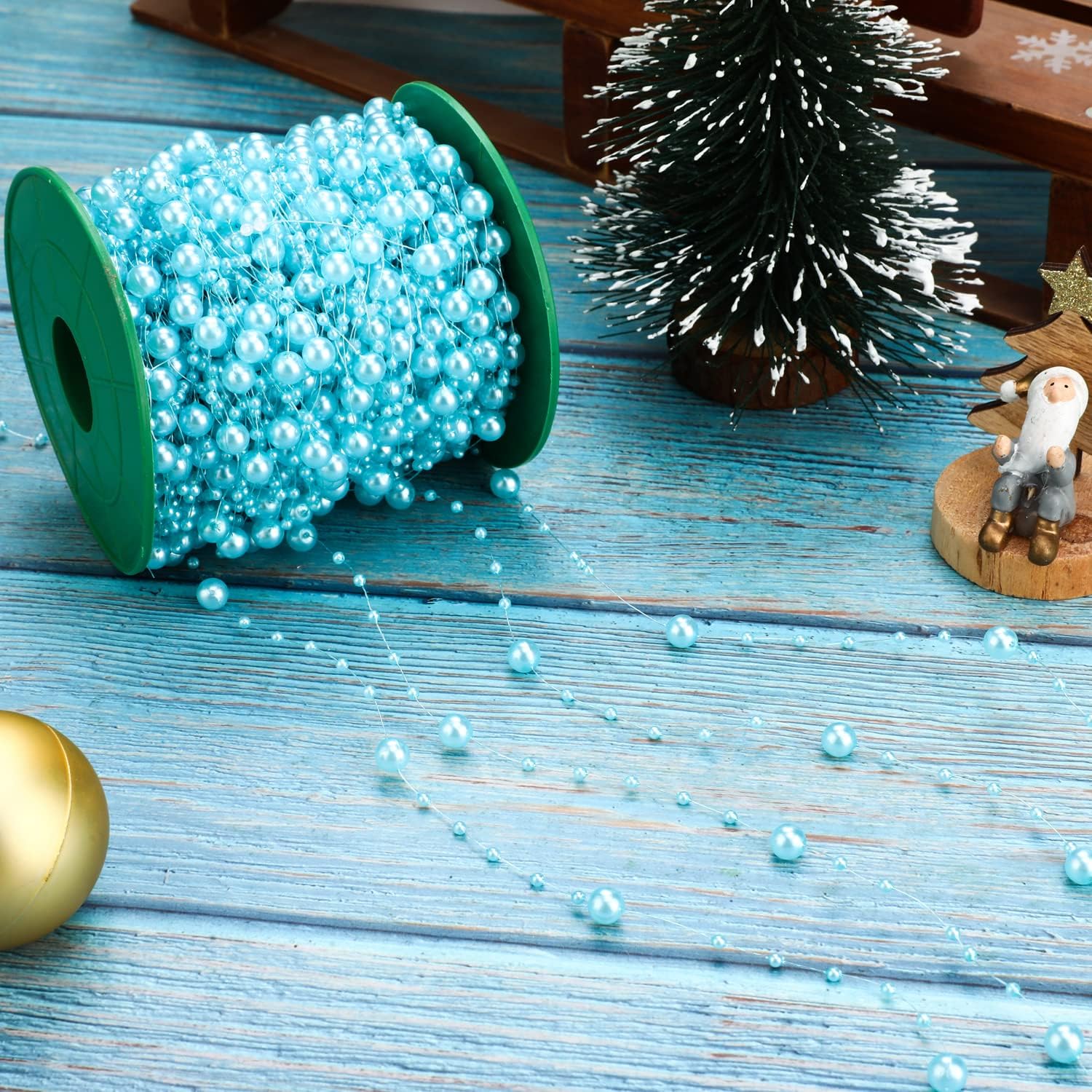 Artificial pearl string - pearl beads - suitable for blue weddings - bridal bouquets - do-it-yourself crafts - table decorations - Christmas decoration for a party - light blue - 60 meters - Image 3
