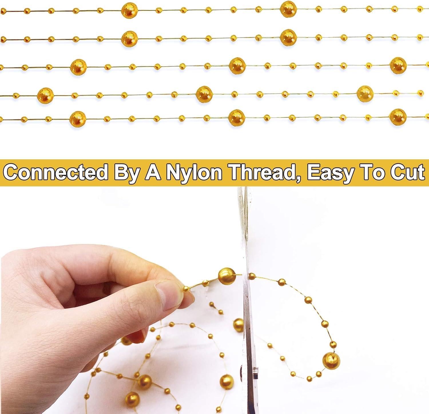 Artificial pearl beads chain - Pearl beads - Suitable for light blue weddings, bridal bouquets, DIY crafts, table decorations, Christmas decorations - Gold - 60 metres - Image 2