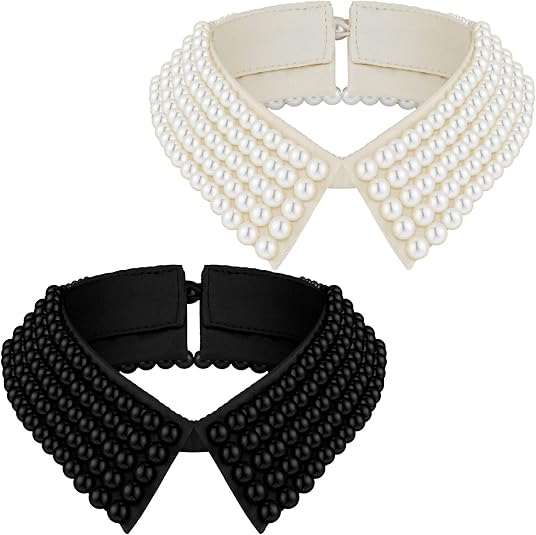 Ladies' Collar - 2-piece - Pearl Choker - Pearl Collar - Faux Collar - Women's - Fake Choker - Imitation Pearl - With Beads - Flap - Black + Beige - Image 1