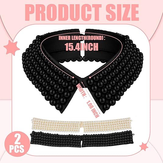 Ladies' Collar - 2-piece - Pearl Choker - Pearl Collar - Faux Collar - Women's - Fake Choker - Imitation Pearl - With Beads - Flap - Black + Beige - Image 2