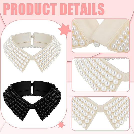 Ladies' Collar - 2-piece - Pearl Choker - Pearl Collar - Faux Collar - Women's - Fake Choker - Imitation Pearl - With Beads - Flap - Black + Beige - Image 3