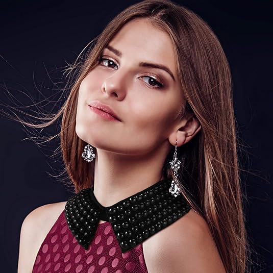 Ladies' Collar - 2-piece - Pearl Choker - Pearl Collar - Faux Collar - Women's - Fake Choker - Imitation Pearl - With Beads - Flap - Black + Beige - Image 4