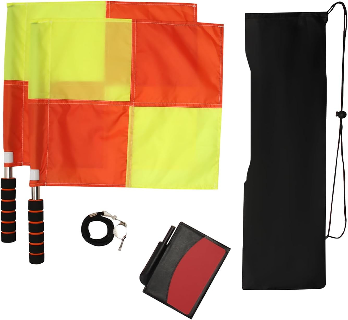 Soccer referee set - 2-piece blocked soccer flag - Red and yellow referee cards - With storage bag - Stainless steel whistle with black lanyard - Image 1