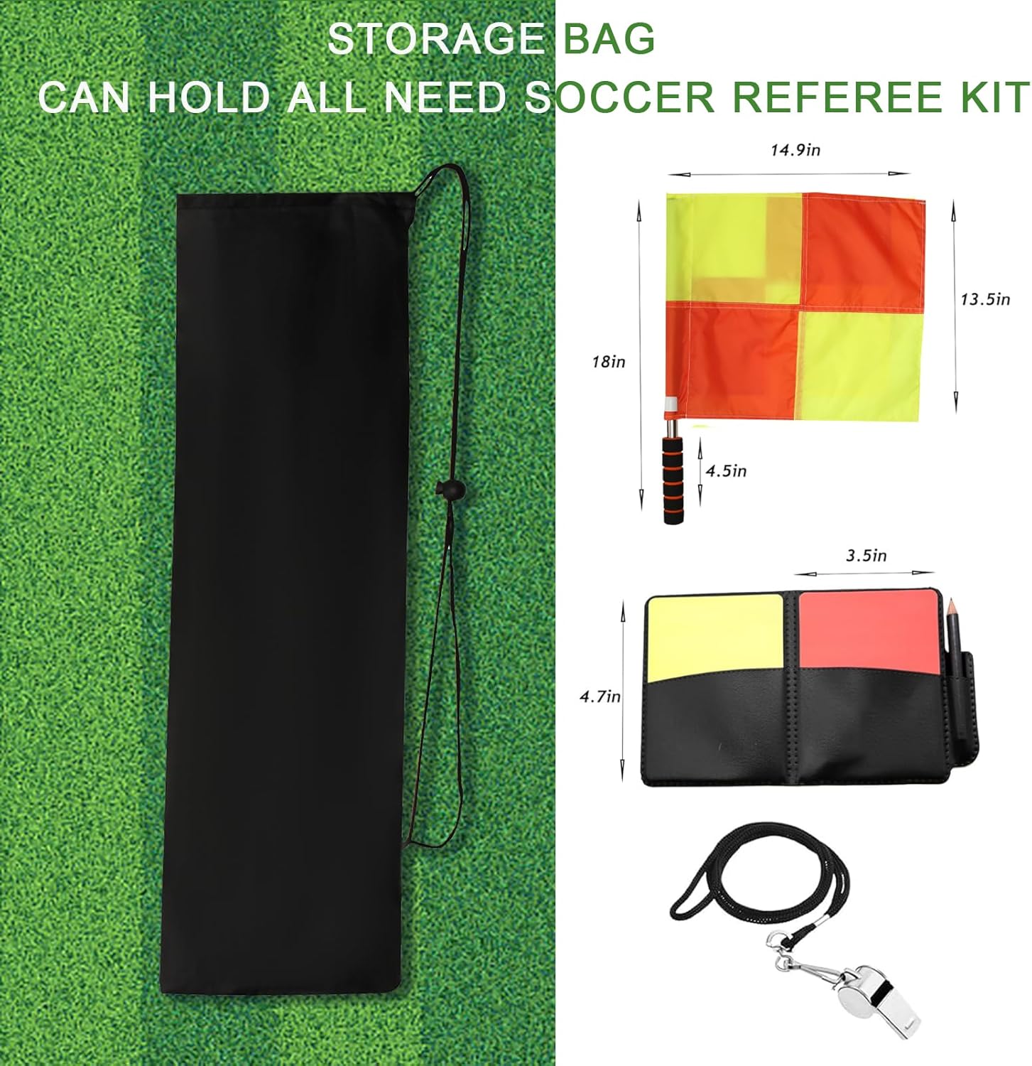Soccer referee set - 2-piece blocked soccer flag - Red and yellow referee cards - With storage bag - Stainless steel whistle with black lanyard - Image 2