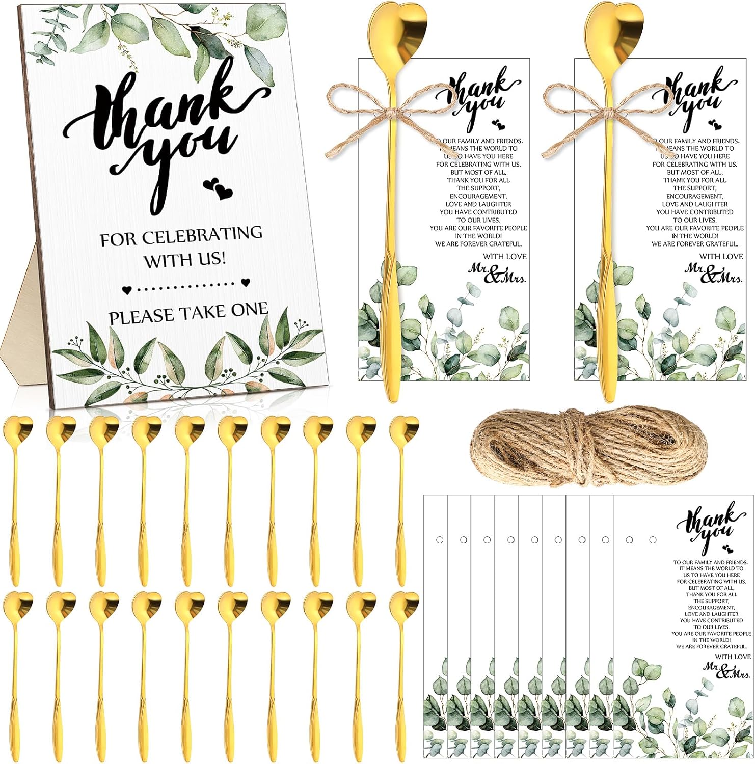Party gifts - Wedding - Tea strainers - 25 pieces - Heart-shaped spoons - Stainless steel - Coffee and dessert spoons - Green plants for weddings - Thank you tape and string - Image 1
