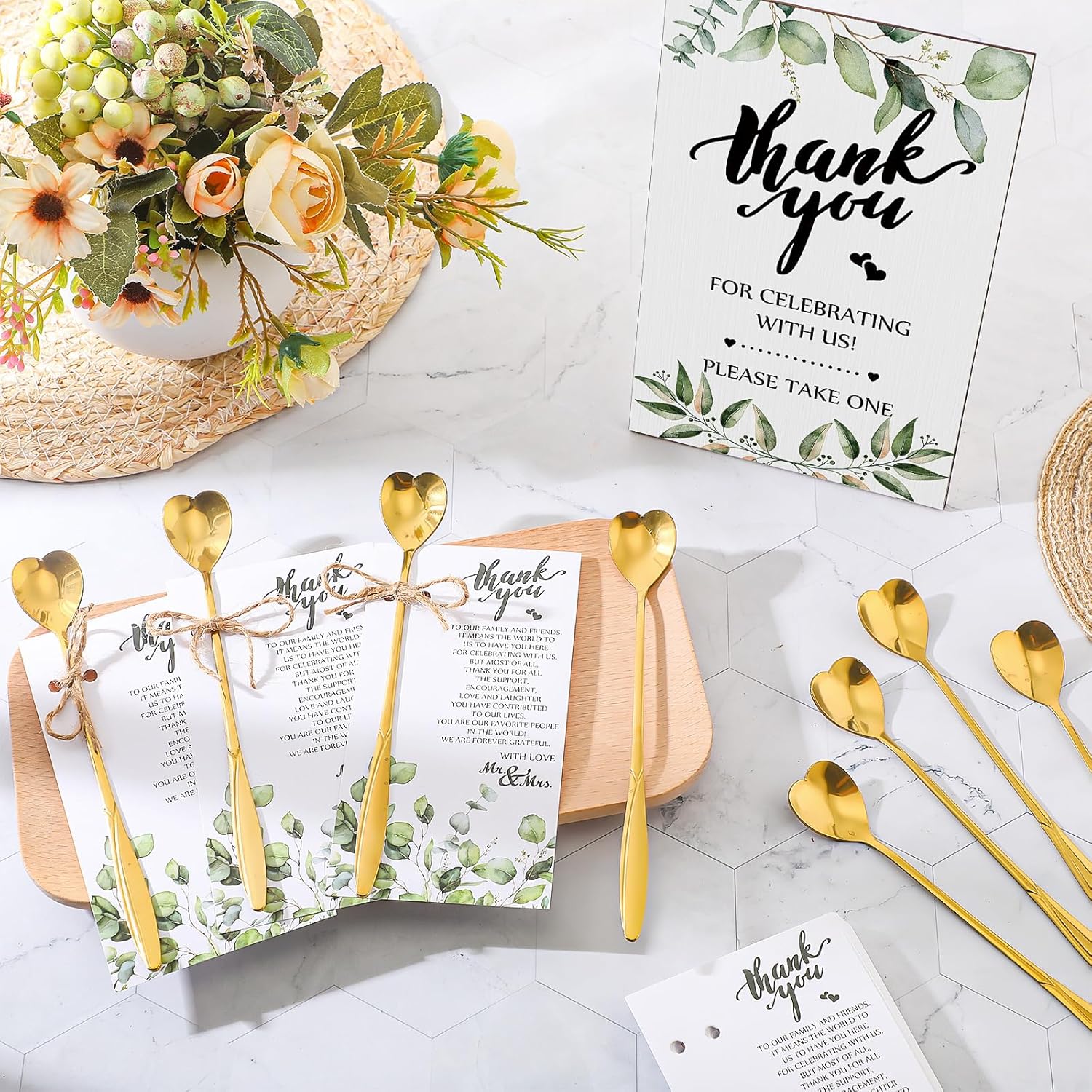 Party gifts - Wedding - Tea strainers - 25 pieces - Heart-shaped spoons - Stainless steel - Coffee and dessert spoons - Green plants for weddings - Thank you tape and string - Image 3
