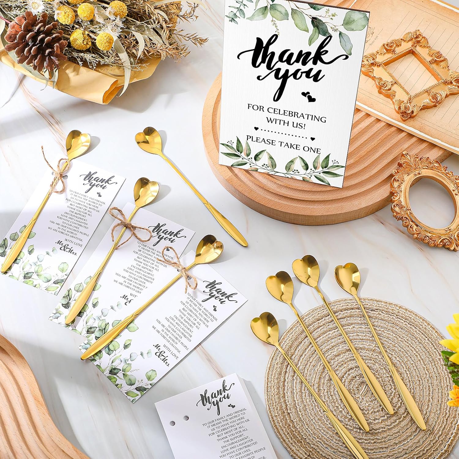 Party gifts - Wedding - Tea strainers - 25 pieces - Heart-shaped spoons - Stainless steel - Coffee and dessert spoons - Green plants for weddings - Thank you tape and string - Image 4