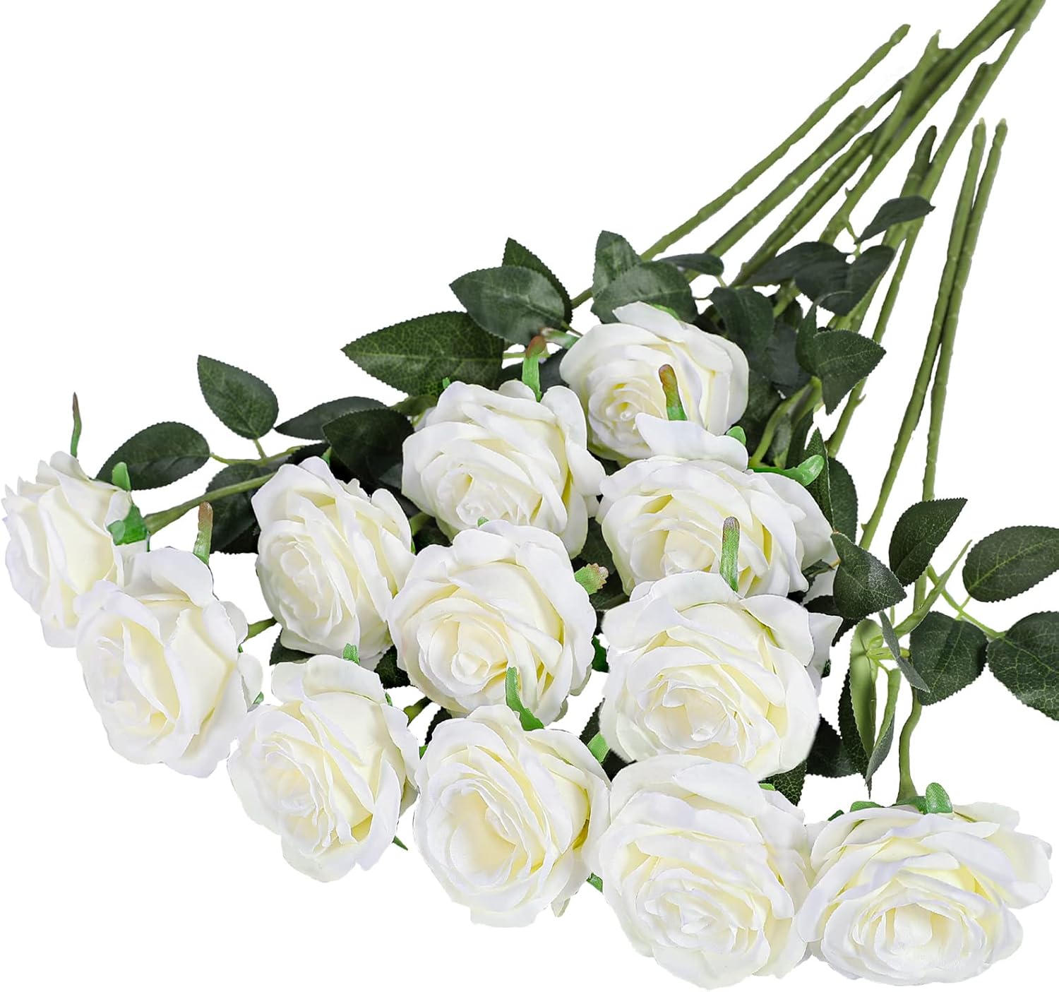 Artificial Flowers - 12 pieces - Rayon Flowers - Realistic Rose Bouquet - Long Stems - Suitable for Home - Wedding - Party - Decoration - White - Image 1