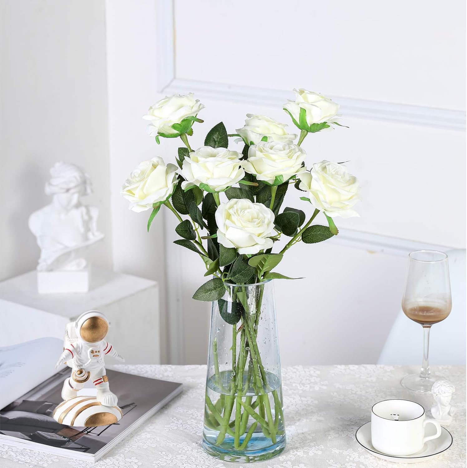 Artificial Flowers - 12 pieces - Rayon Flowers - Realistic Rose Bouquet - Long Stems - Suitable for Home - Wedding - Party - Decoration - White - Image 3