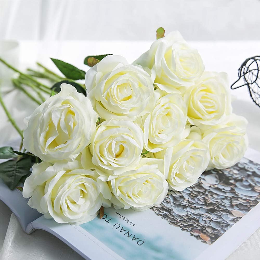 Artificial Flowers - 12 pieces - Rayon Flowers - Realistic Rose Bouquet - Long Stems - Suitable for Home - Wedding - Party - Decoration - White - Image 7