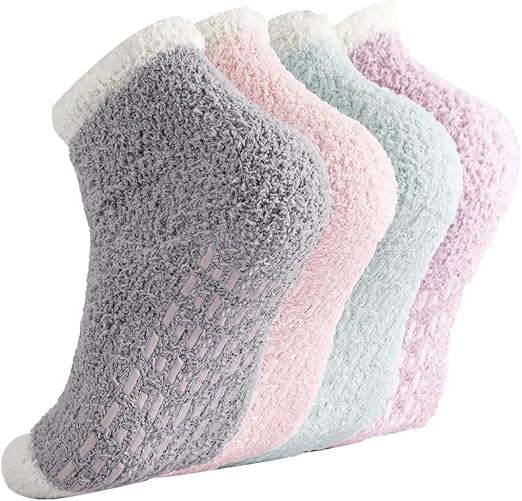 Non-slip socks - Coral fleece socks - with grip - lint-free - suitable for ladies - 4 pairs - gift - Image 1