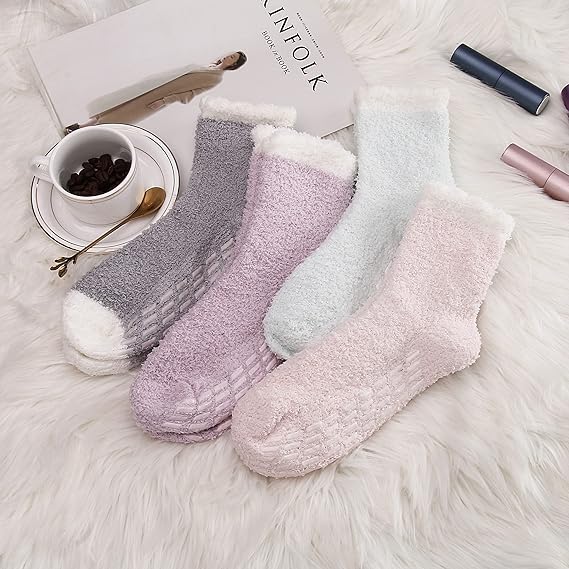 Non-slip socks - Coral fleece socks - with grip - lint-free - suitable for ladies - 4 pairs - gift - Image 6