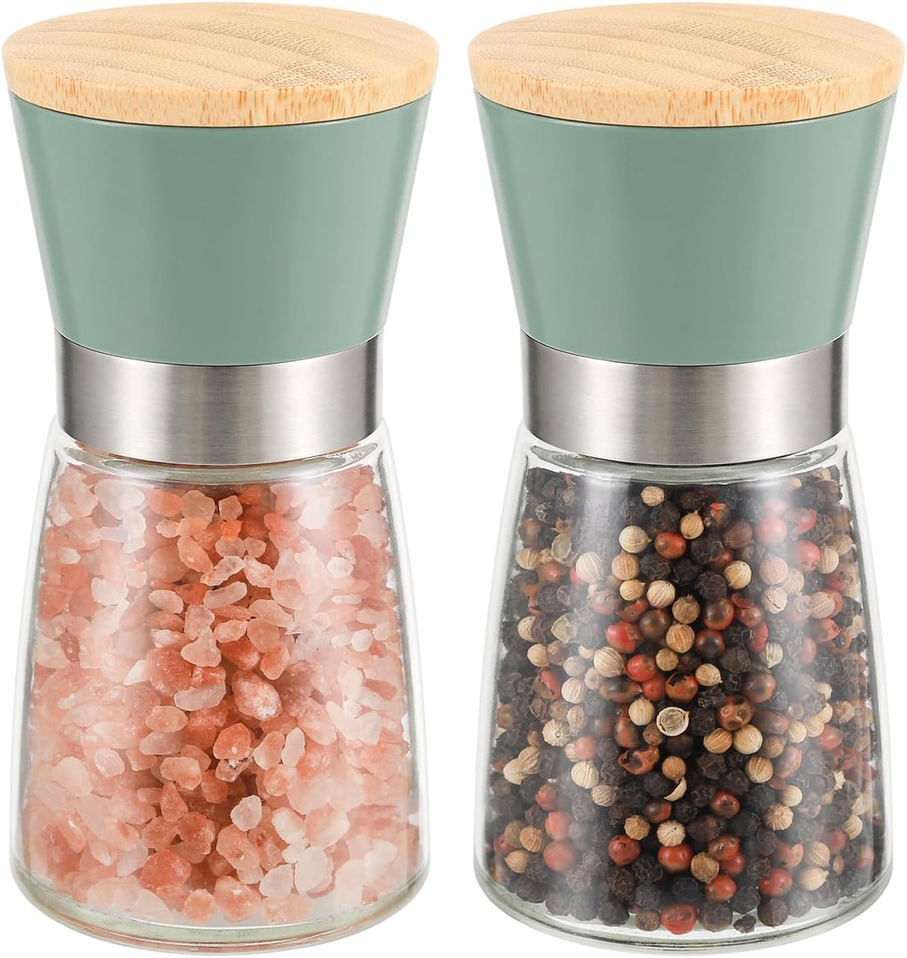Grinder - Salt and pepper mill - Adjustable grind size - Wooden lid - Stainless steel - Coarse salt and pepper mill - Kitchen - Gift - Handheld spice mill - Two-piece - Green - Image 1