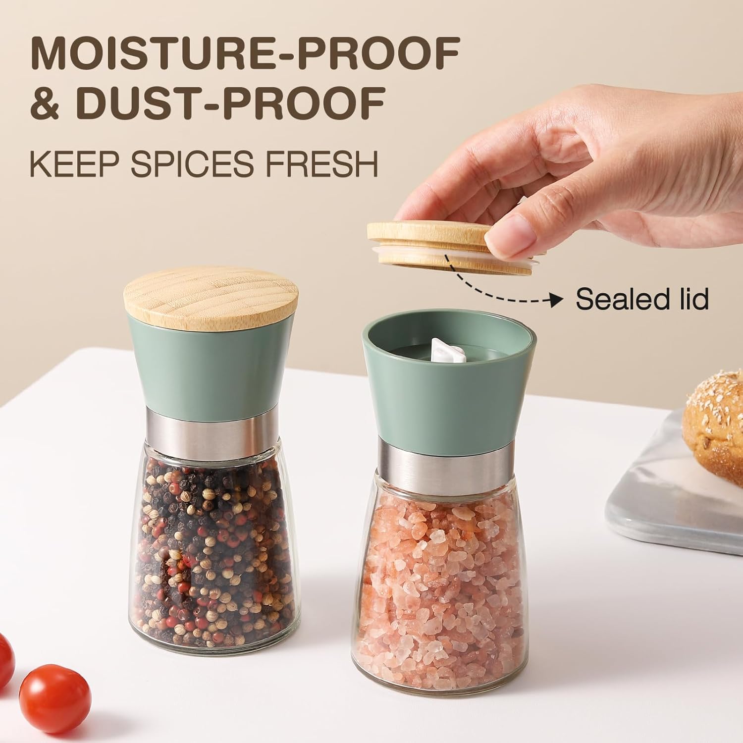 Grinder - Salt and pepper mill - Adjustable grind size - Wooden lid - Stainless steel - Coarse salt and pepper mill - Kitchen - Gift - Handheld spice mill - Two-piece - Green - Image 2