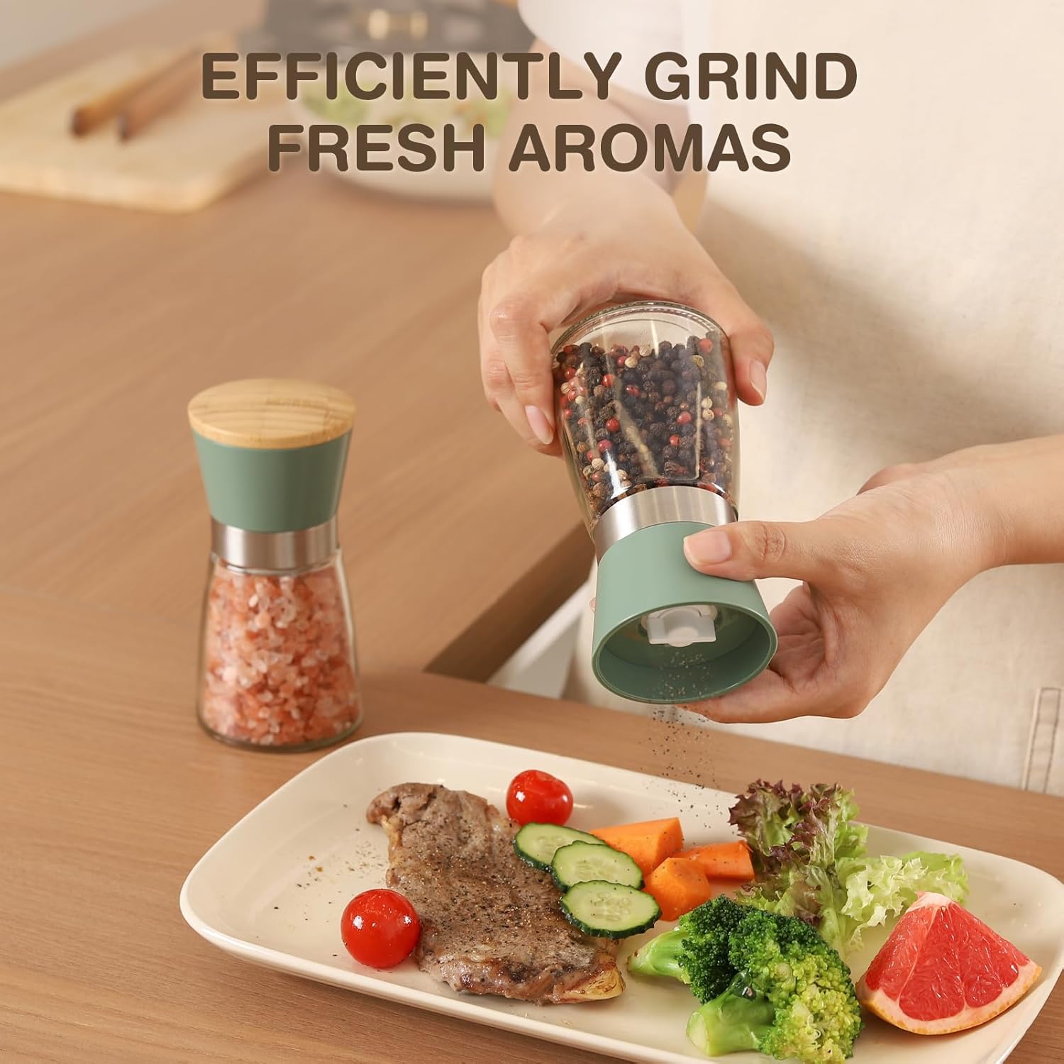 Grinder - Salt and pepper mill - Adjustable grind size - Wooden lid - Stainless steel - Coarse salt and pepper mill - Kitchen - Gift - Handheld spice mill - Two-piece - Green - Image 5
