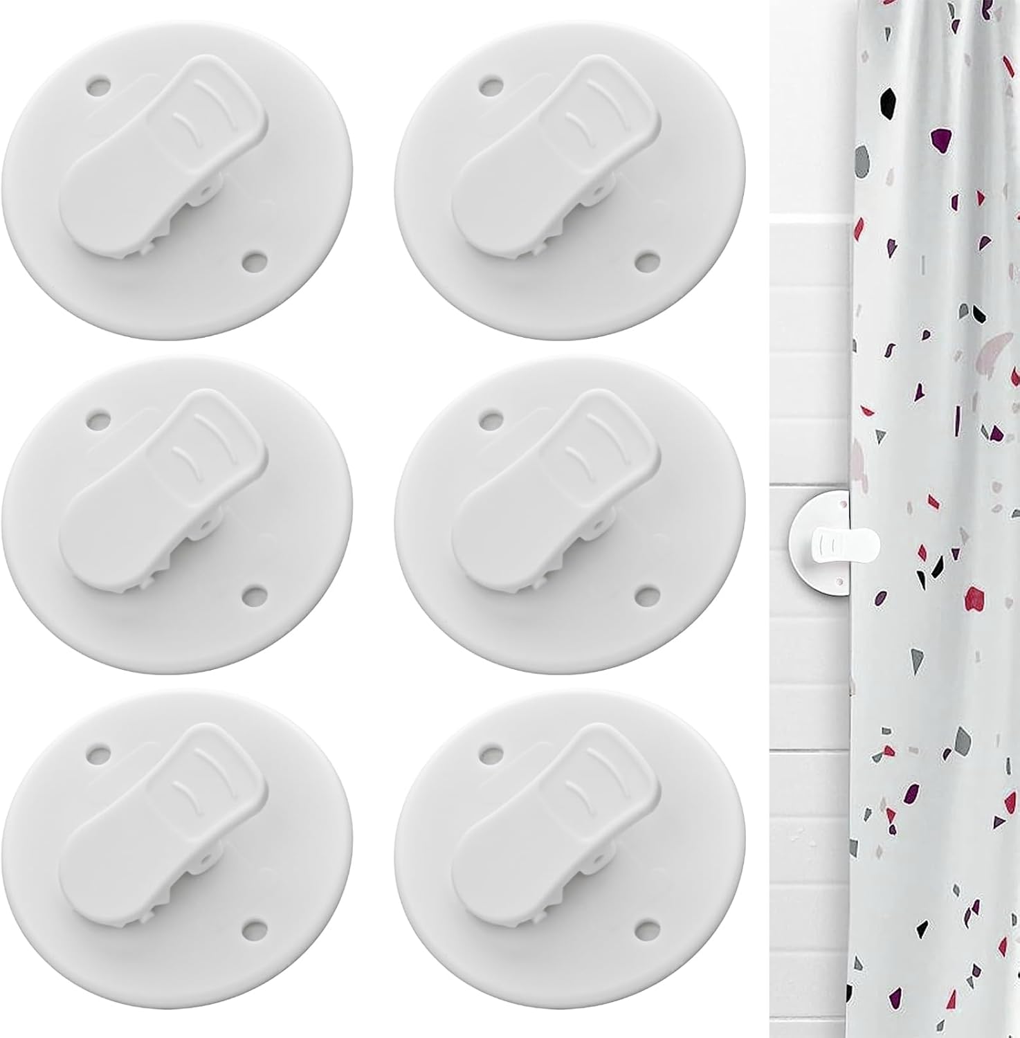 Shower Curtain Clips - 6 Pack - Self-Adhesive - Shower Splash Clips - For Curtains - Shower Curtains - Weighted Clips - Secure Shower Curtains and Curtains - Image 1
