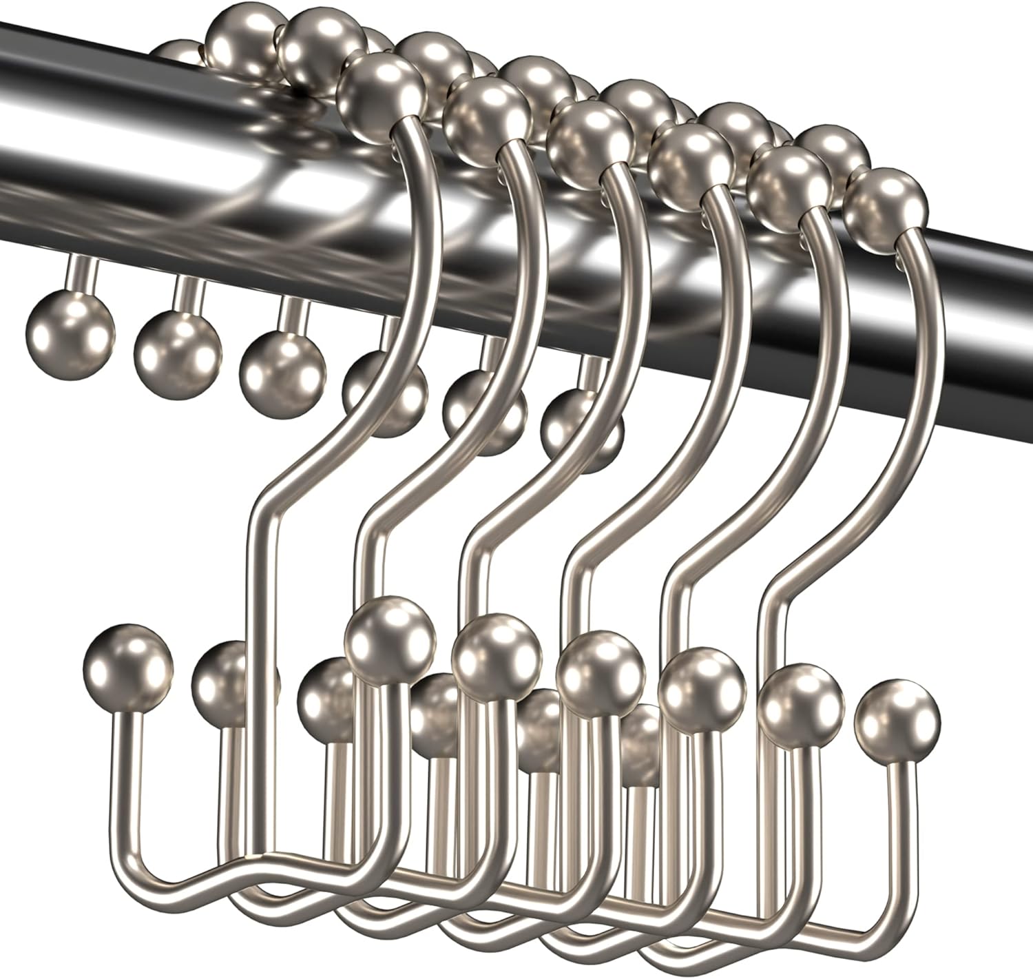 Shower Curtain Hooks - Stainless Steel - Metal - Double Sliding Clasp - Shower Curtain Rings - Suitable for Bathrooms - Double Shower Curtains - Shower Curtains - 12-pack - Nickel-coloured - Image 1