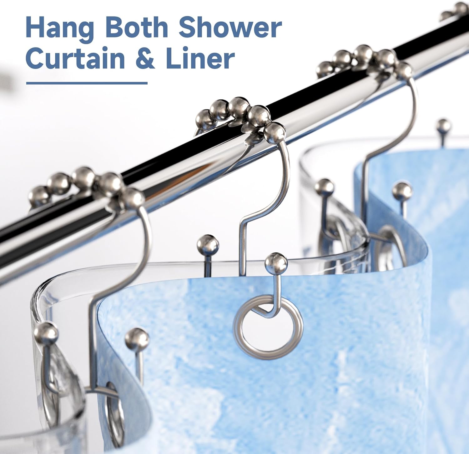 Shower Curtain Hooks - Stainless Steel - Metal - Double Sliding Clasp - Shower Curtain Rings - Suitable for Bathrooms - Double Shower Curtains - Shower Curtains - 12-pack - Nickel-coloured - Image 2