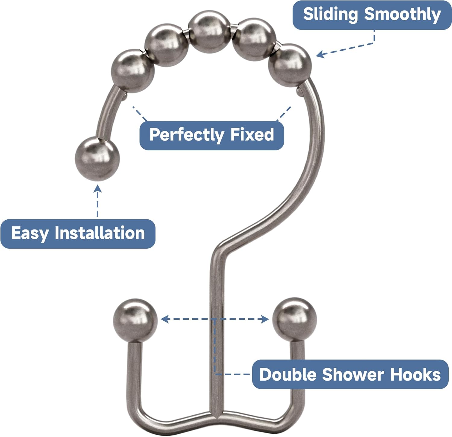 Shower Curtain Hooks - Stainless Steel - Metal - Double Sliding Clasp - Shower Curtain Rings - Suitable for Bathrooms - Double Shower Curtains - Shower Curtains - 12-pack - Nickel-coloured - Image 4