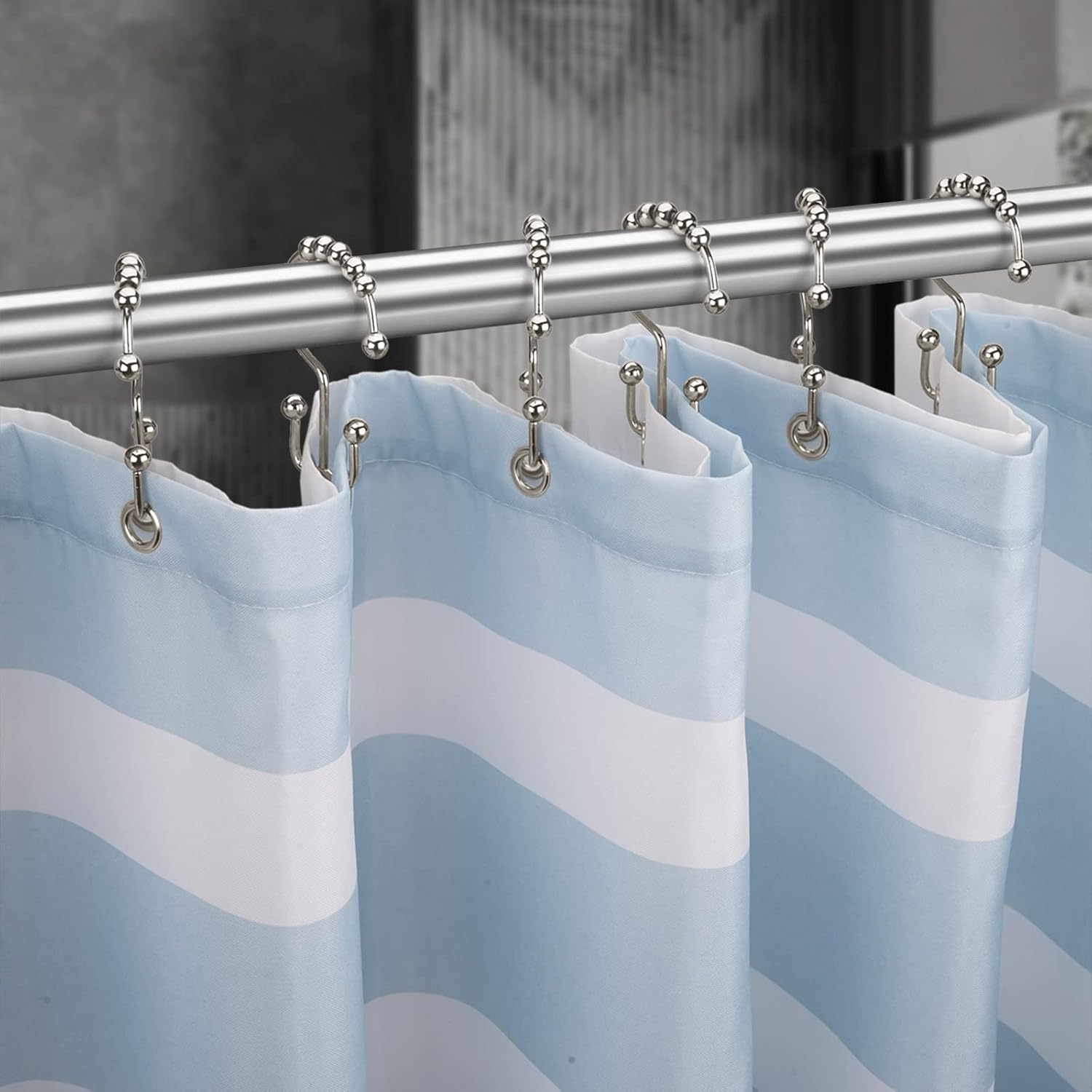 Shower Curtain Hooks - Stainless Steel - Metal - Double Sliding Clasp - Shower Curtain Rings - Suitable for Bathrooms - Double Shower Curtains - Shower Curtains - 12-pack - Nickel-coloured - Image 6