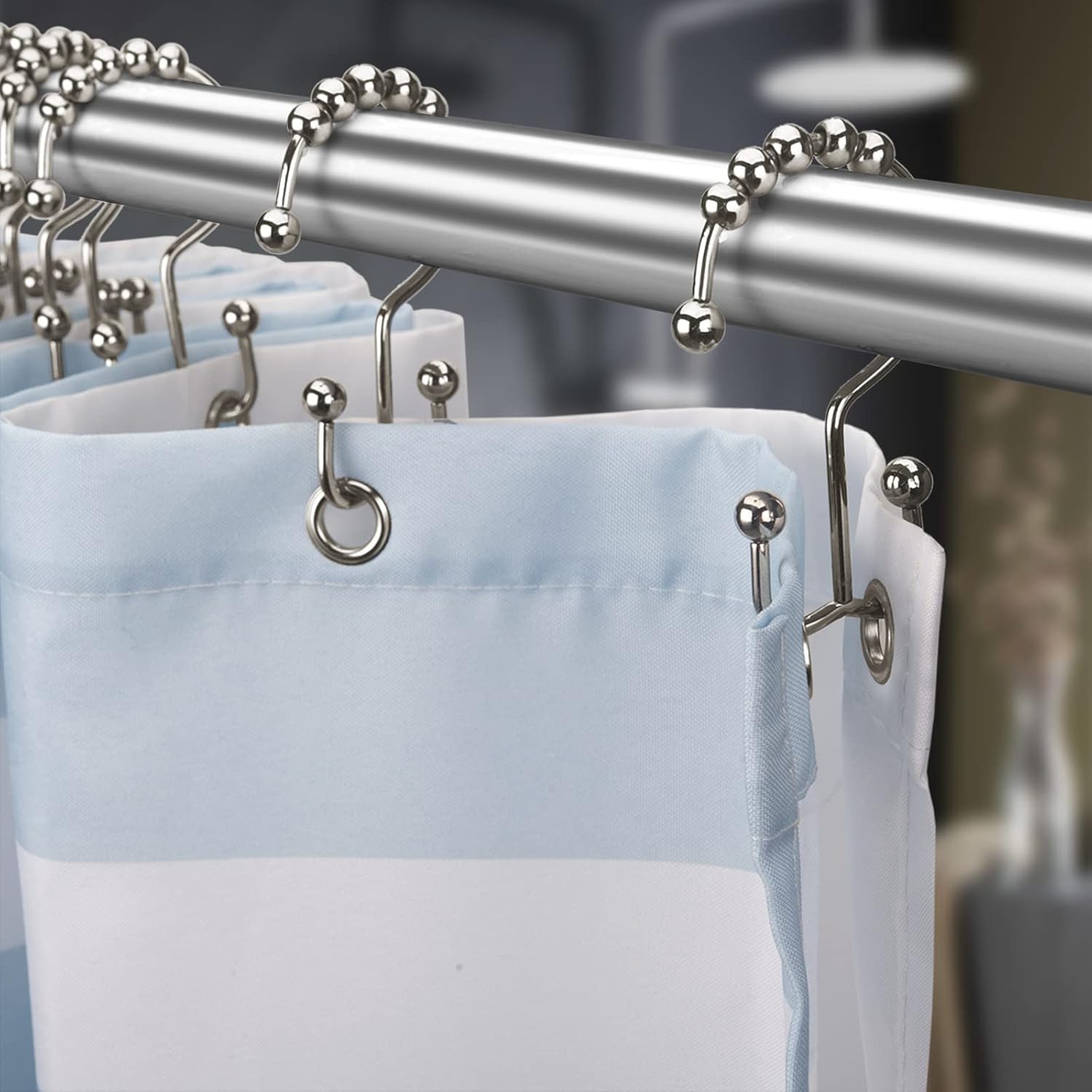 Shower Curtain Hooks - Stainless Steel - Metal - Double Sliding Clasp - Shower Curtain Rings - Suitable for Bathrooms - Double Shower Curtains - Shower Curtains - 12-pack - Nickel-coloured - Image 8
