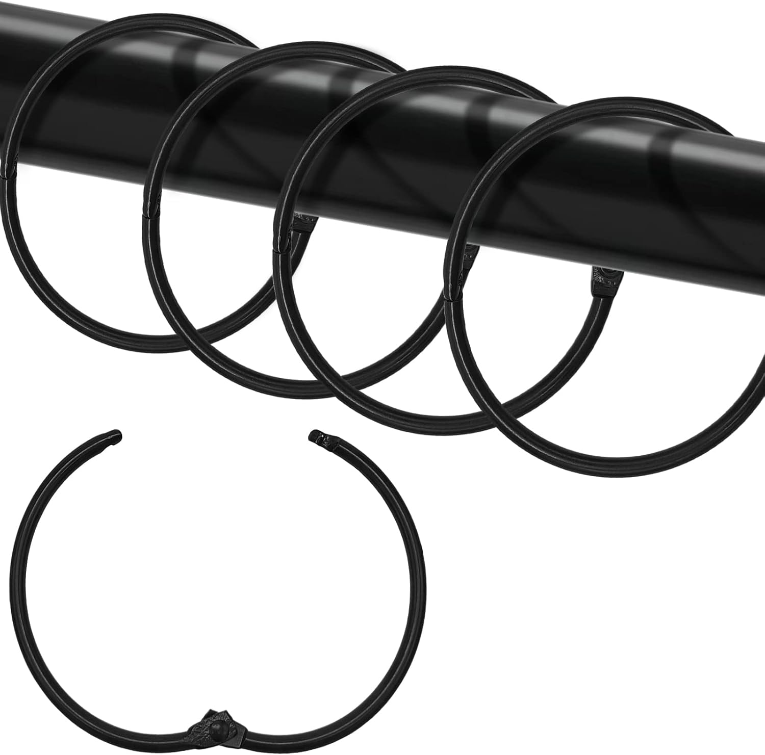 Shower Curtain Hooks - 24-pack - Stainless Steel - Multifunctional - Open Rings - Smooth Sliding - Round - Black - Shower Curtain Rings - Push Button Design - Image 1