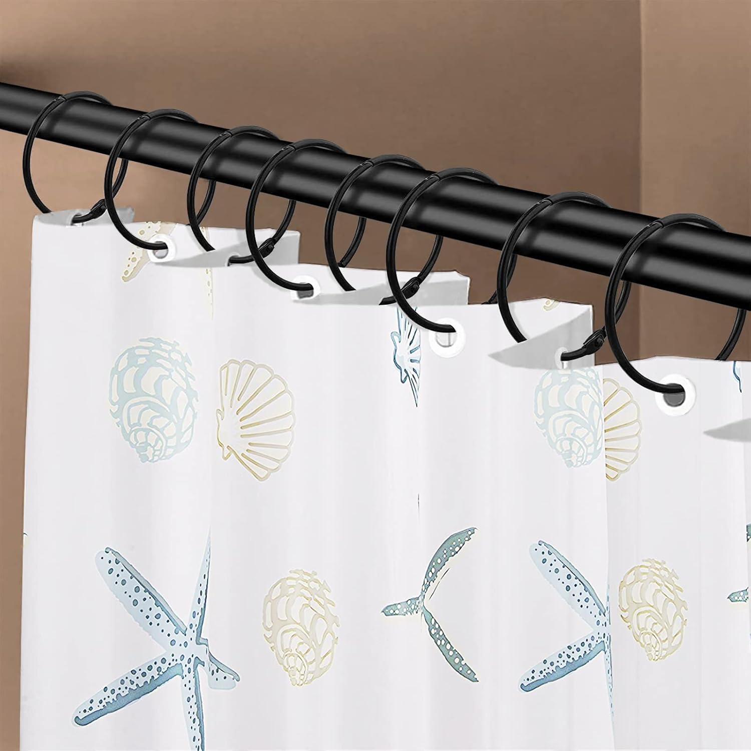 Shower Curtain Hooks - 24-pack - Stainless Steel - Multifunctional - Open Rings - Smooth Sliding - Round - Black - Shower Curtain Rings - Push Button Design - Image 2