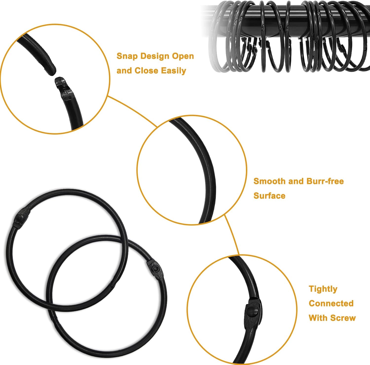 Shower Curtain Hooks - 24-pack - Stainless Steel - Multifunctional - Open Rings - Smooth Sliding - Round - Black - Shower Curtain Rings - Push Button Design - Image 3