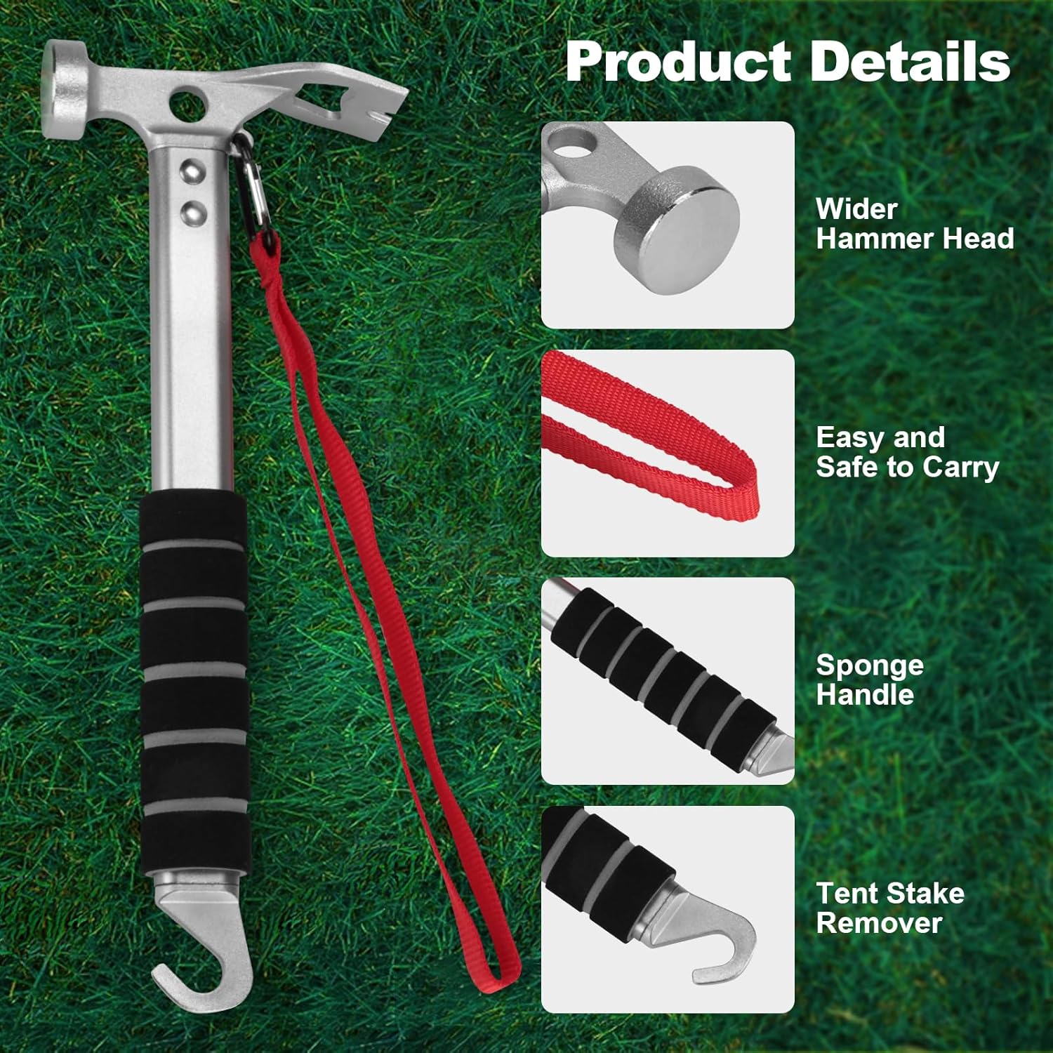 Campinghamer - 3-in-1 - Functional tent peg hammer with puller - For camping, hiking and backpacking - Sponge handle - Non-slip and shock-resistant - Grey - 29.5*11 cm - Image 5