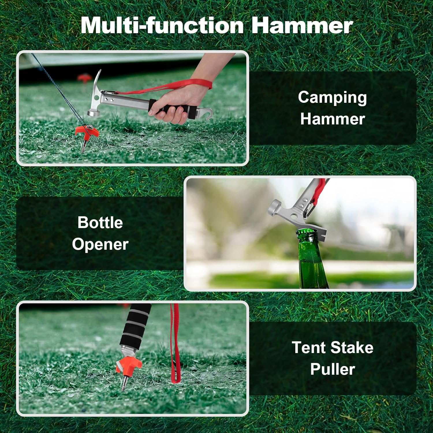 Campinghamer - 3-in-1 - Functional tent peg hammer with puller - For camping, hiking and backpacking - Sponge handle - Non-slip and shock-resistant - Grey - 29.5*11 cm - Image 6