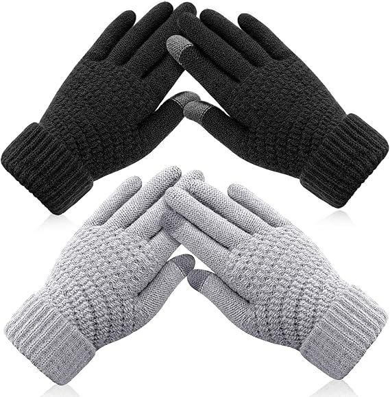 Winter gloves - Fleece gloves - Warm - Soft - Touchscreen gloves - Ladies' winter gloves - Suitable for cold weather - Knitted gloves - 2 pairs - Black gloves - Grey gloves - Image 1