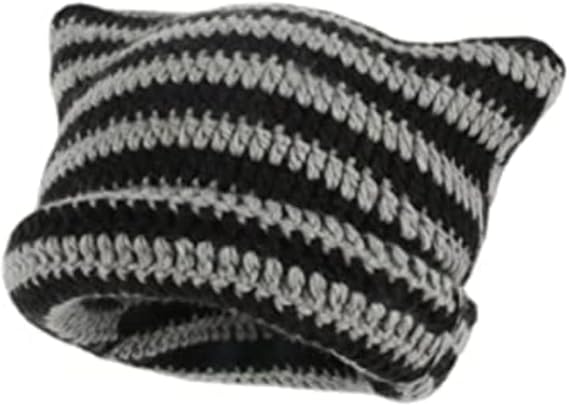 Kitten Hat - Cat Ear Hat - Black, White and Grey - Knitted Beanie - Rimless Beanie - Vintage - Ladies' Accessories - Winter Essentials - Y2K Accessories - Image 1