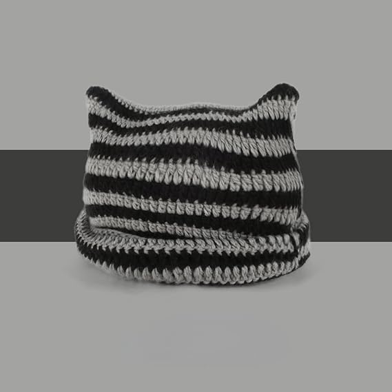 Kitten Hat - Cat Ear Hat - Black, White and Grey - Knitted Beanie - Rimless Beanie - Vintage - Ladies' Accessories - Winter Essentials - Y2K Accessories - Image 2