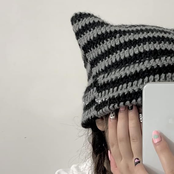 Kitten Hat - Cat Ear Hat - Black, White and Grey - Knitted Beanie - Rimless Beanie - Vintage - Ladies' Accessories - Winter Essentials - Y2K Accessories - Image 3