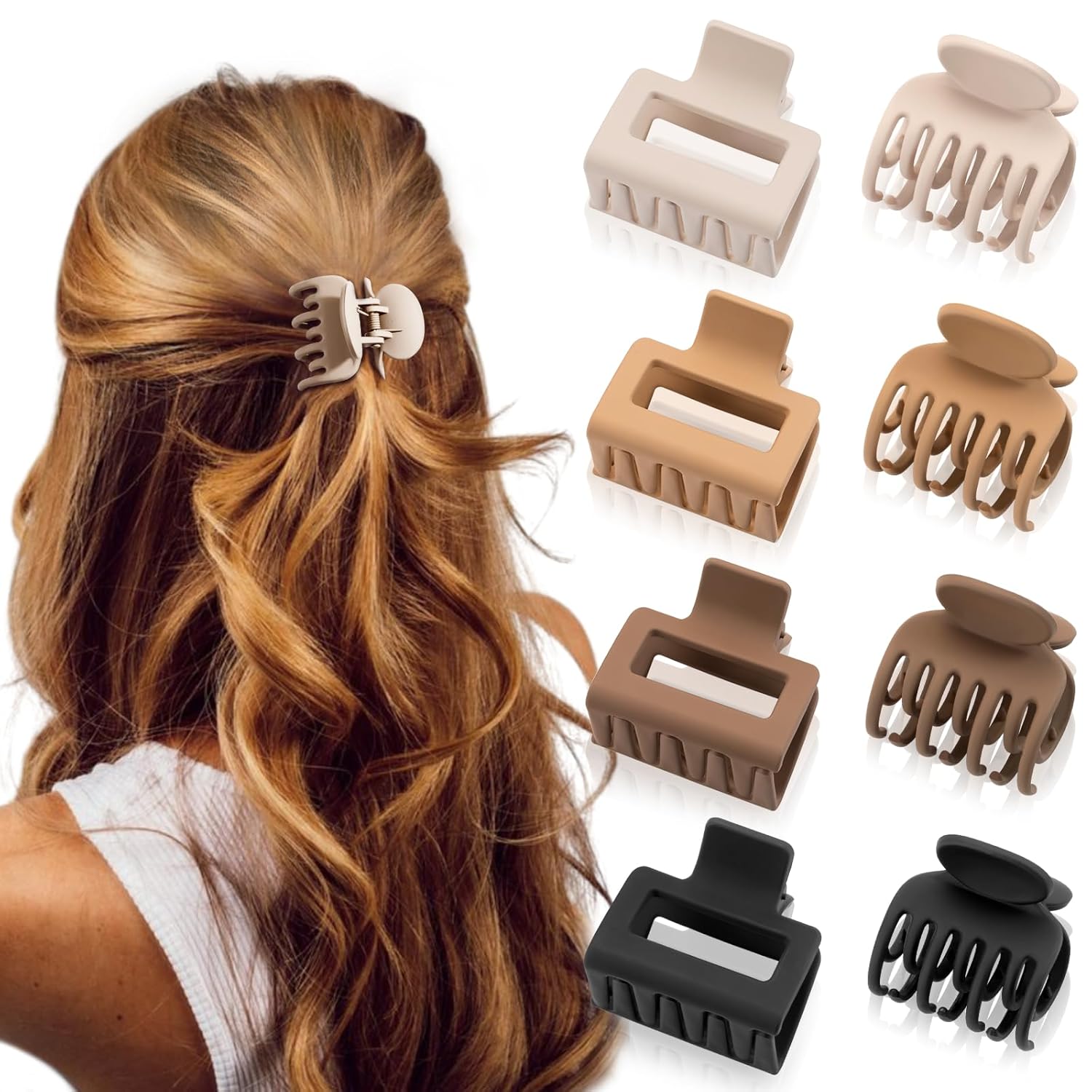 Hairpins - claw clips - ladies' hairpins - ladies' hair accessories - matte hairpins - 8 pieces - rectangular and double row small claw clips - non-slip pins - beige - khaki - brown - black - Image 1
