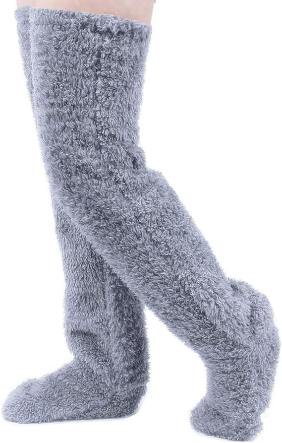 Home Socks - Overknee Fleece Socks - 55cm - Fleece Slipper Socks - Fluffy - Long Leg - Warm Pants - Winter - Home Sleep Socks - Light Grey - Image 1