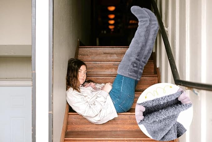 Home Socks - Overknee Fleece Socks - 55cm - Fleece Slipper Socks - Fluffy - Long Leg - Warm Pants - Winter - Home Sleep Socks - Light Grey - Image 2