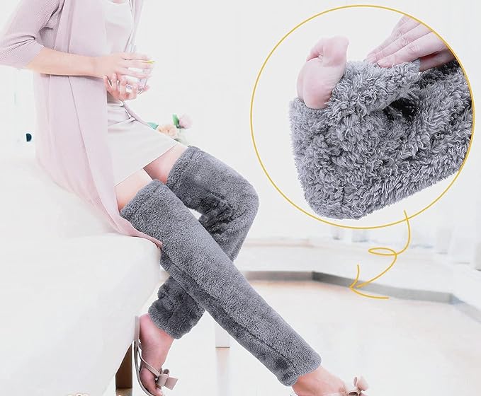 Home Socks - Overknee Fleece Socks - 55cm - Fleece Slipper Socks - Fluffy - Long Leg - Warm Pants - Winter - Home Sleep Socks - Light Grey - Image 3